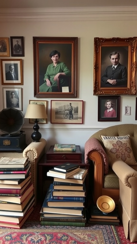 A cozy farmhouse living room featuring vintage portraits, stacked books, and a gramophone.