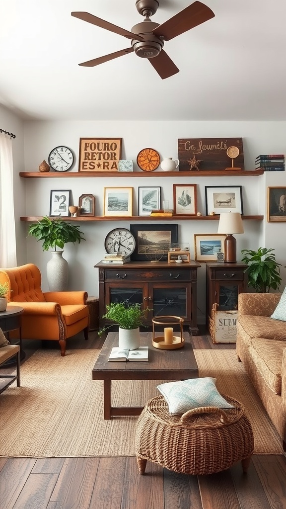 A stylish living room featuring vintage furniture and rustic accents, including a coffee table, woven ottoman, and warm-toned decor.