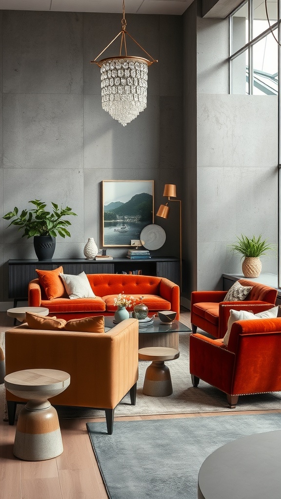 A stylish living room featuring concrete walls, vintage velvet furniture in orange hues, elegant chandelier, and decorative plants.