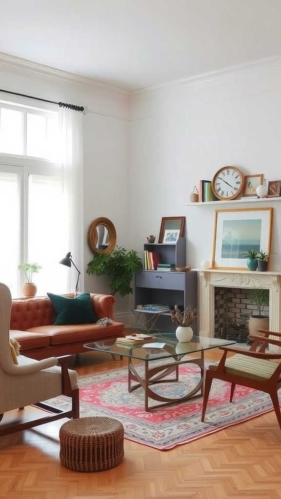 Cozy living room featuring a mix of vintage and modern furniture with plants and decorative elements.