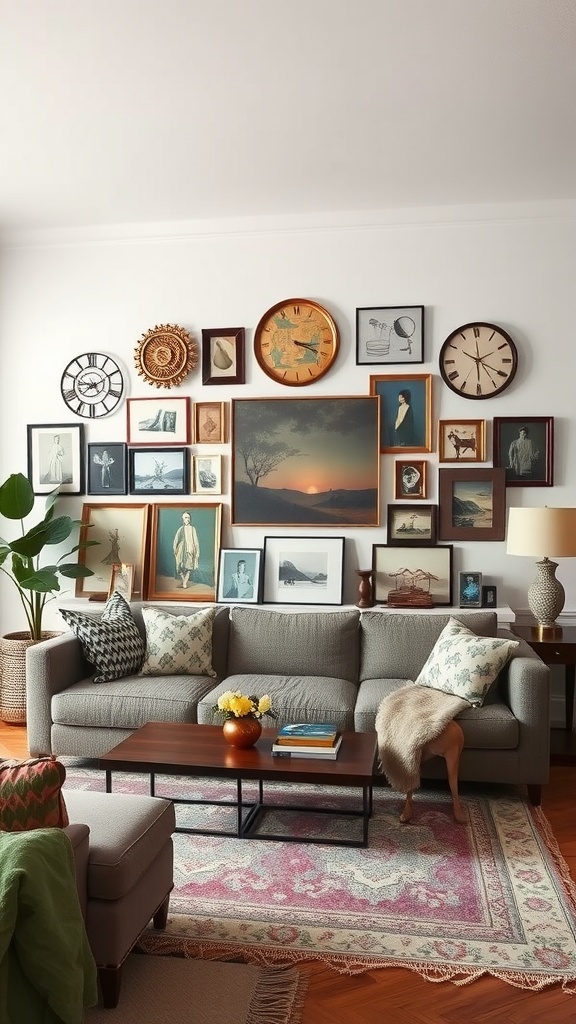 A cozy living room featuring a statement wall of vintage frames and clocks, with a comfortable couch and decorative elements.