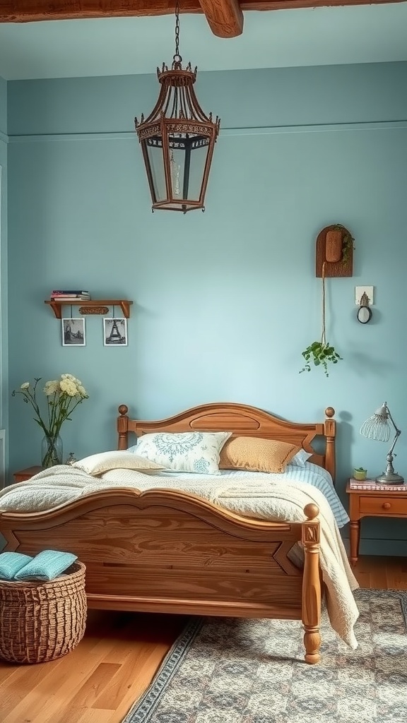 A vintage-inspired light blue boho bedroom featuring a wooden bed, woven basket, and decorative lantern.
