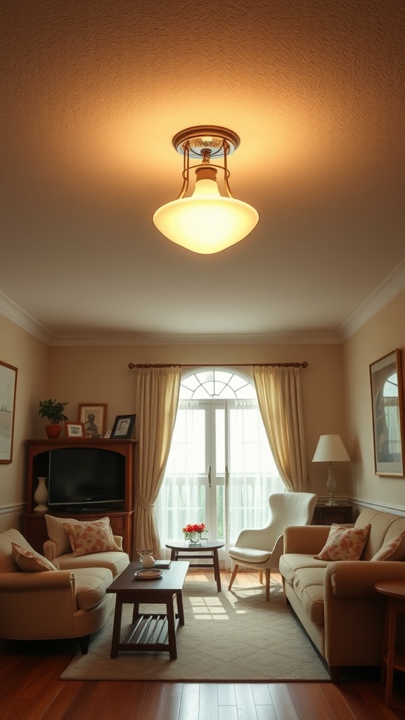 A vintage flush mount lighting fixture in a cozy living room
