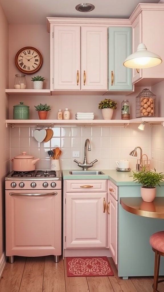 A cozy vintage glam kitchenette featuring pastel pink cabinets, a mint green countertop, and decorative plants.