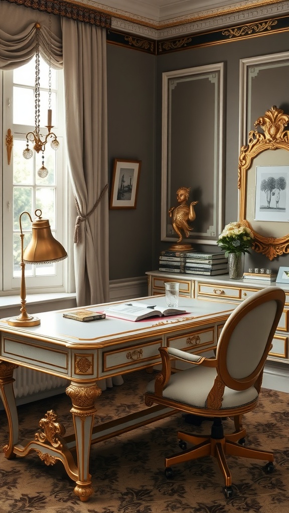 A vintage glam home office with a gold-accented desk and elegant decor.