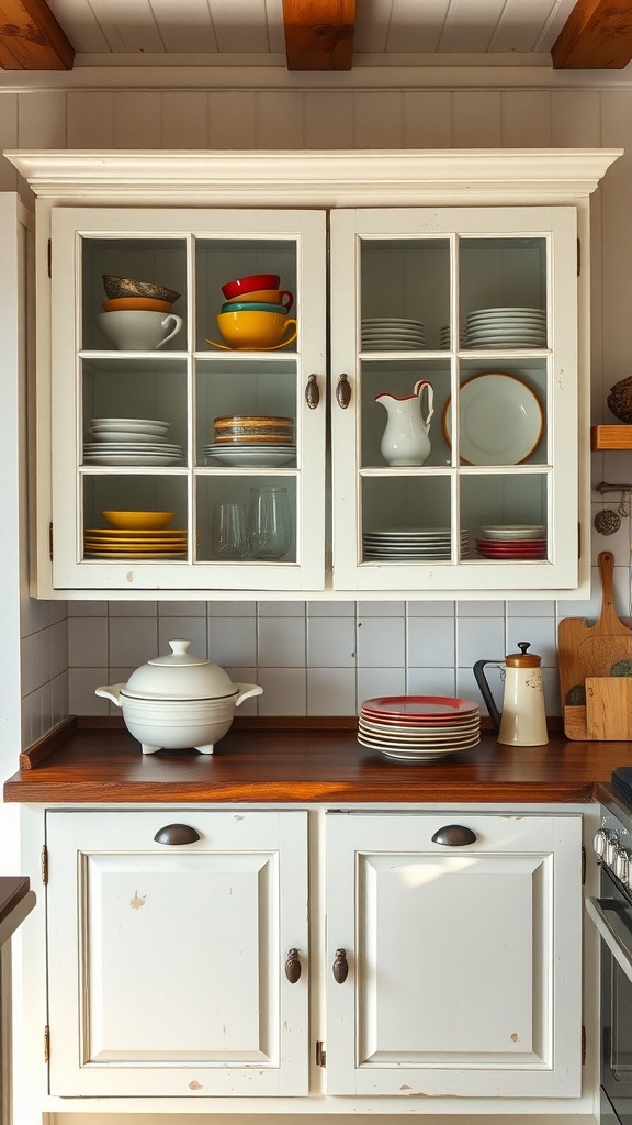 Vintage glass front kitchen cabinet displaying colorful dishes and a warm wooden countertop.