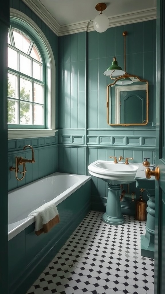 A vintage green bathroom featuring elegant fixtures, intricate details, and natural light.