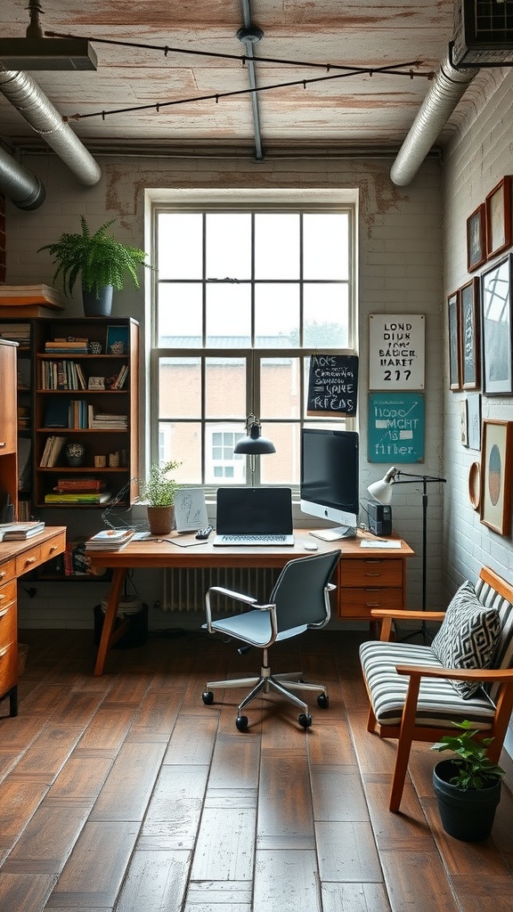 A vintage industrial home office with wooden furniture, a large window, and upcycled materials.