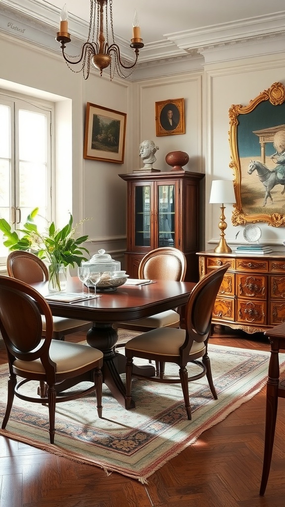 A luxurious Italian dining room with vintage furniture, featuring a wooden table, elegant chairs, and decorative art.