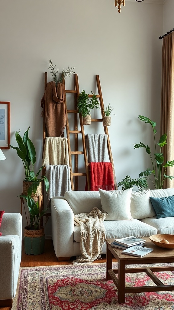 A living room featuring vintage wooden ladders displaying throws and potted plants.