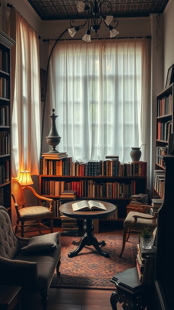 Cozy vintage reading corner with bookshelves, chairs, and warm lighting.