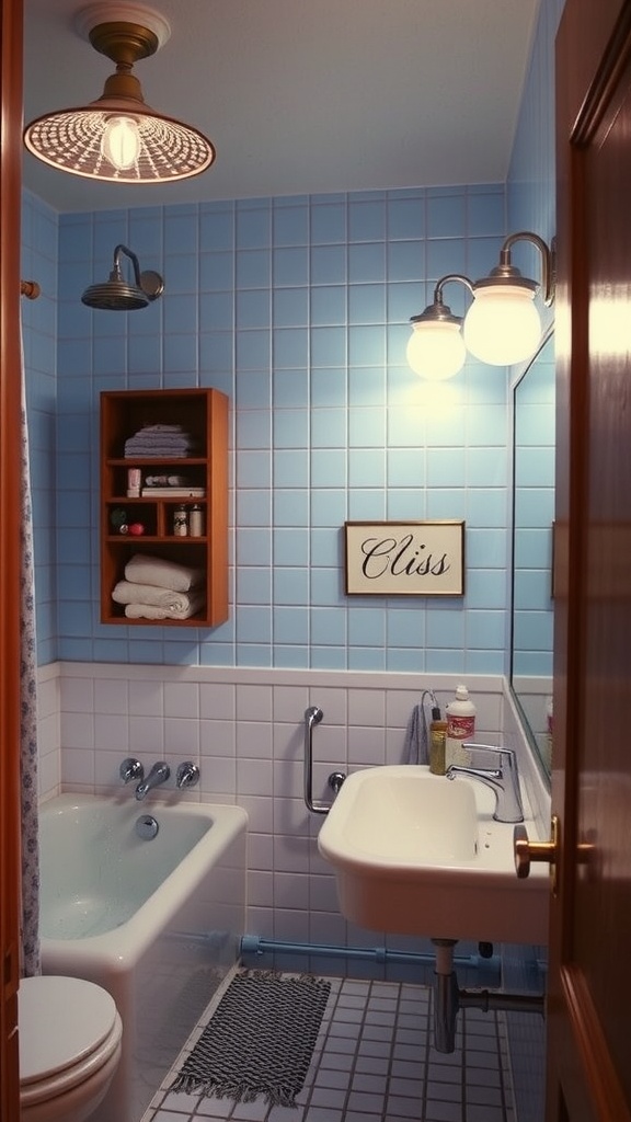 A vintage bathroom with warm lighting fixtures and retro decor.
