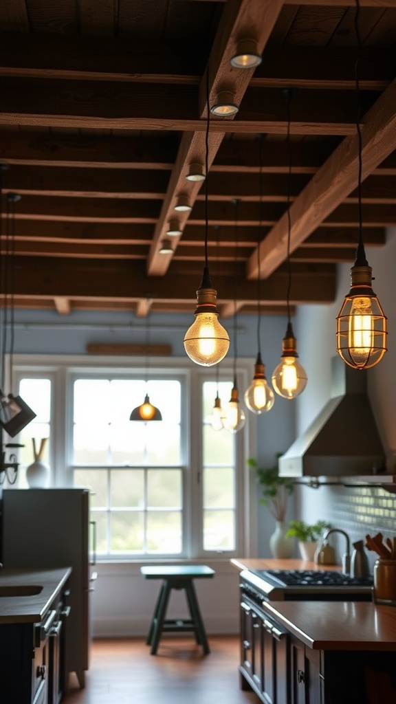 A kitchen with vintage-style hanging lights, wooden beams, and a cozy atmosphere.