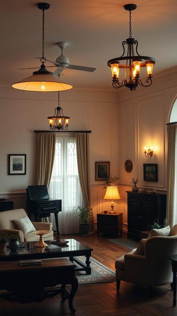 A cozy living room with vintage lighting fixtures, including chandeliers and lamps, creating a warm atmosphere.