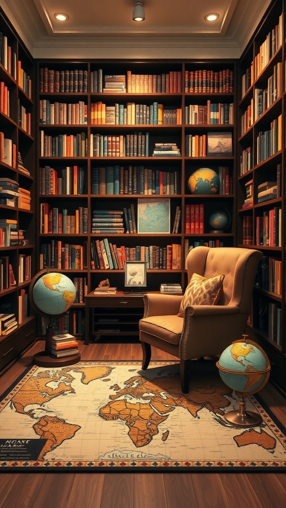 A cozy library corner featuring a vintage map rug, bookshelves filled with books, a comfortable armchair, and globes.
