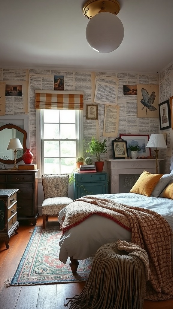 A cozy bedroom featuring a mix of vintage and modern decor, with book-covered walls, colorful furniture, and a warm atmosphere.