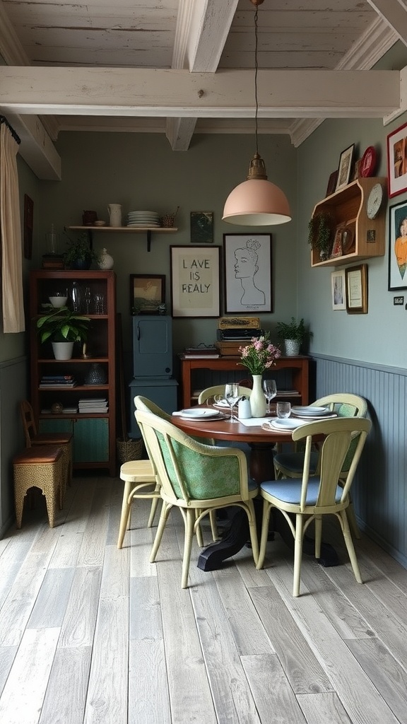 A cozy living room and dining room combo featuring a wooden table with colorful chairs and vintage decor.