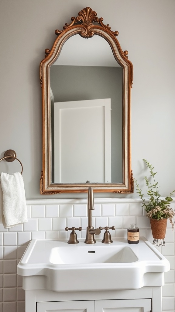 A vintage mirror above a modern sink in a farmhouse bathroom