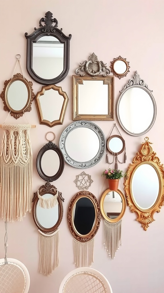 A gallery wall of vintage mirrors in various styles and sizes.