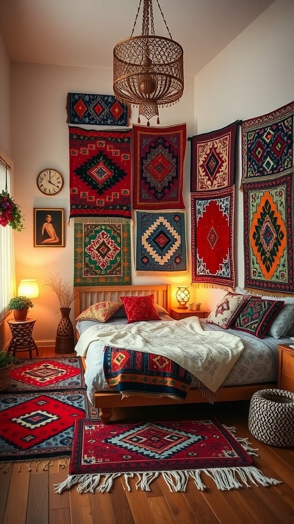 A cozy bedroom featuring vintage Moroccan rugs and textiles, creating a warm and inviting boho aesthetic.