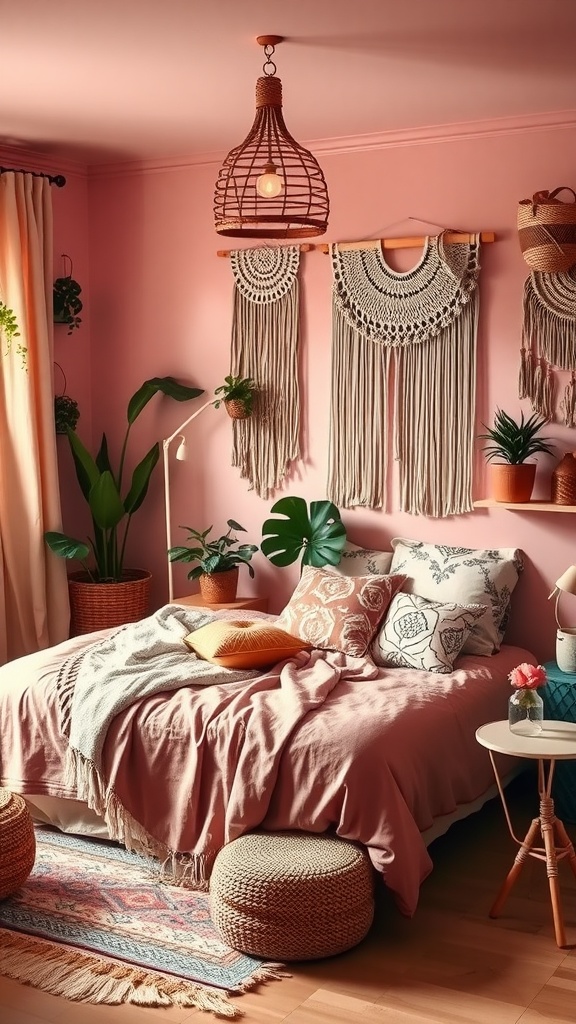 A vintage pink boho chic bedroom with soft pink walls, a cozy bed, macramé wall hangings, plants, and a warm ambiance.