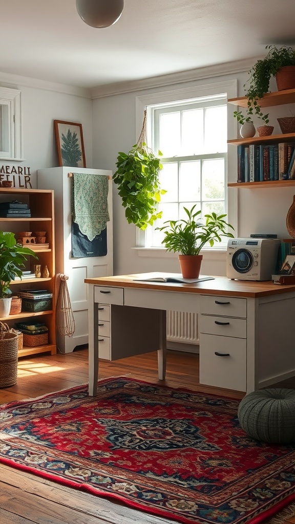 A cozy home office featuring a vintage red and blue rug, a wooden desk, plants, and a bright window.