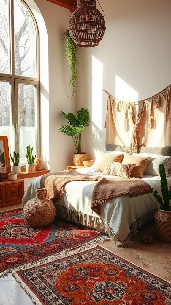 A cozy bedroom featuring vintage rugs, a bed with earthy tones, and natural light.