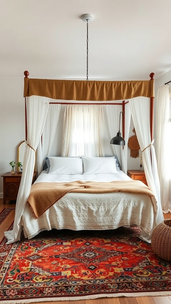 A cozy Boho bedroom featuring a canopy bed and a vibrant vintage rug.