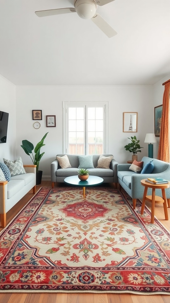 A cozy farmhouse living room featuring vintage rugs, two light blue sofas, a round coffee table, and decorative elements.
