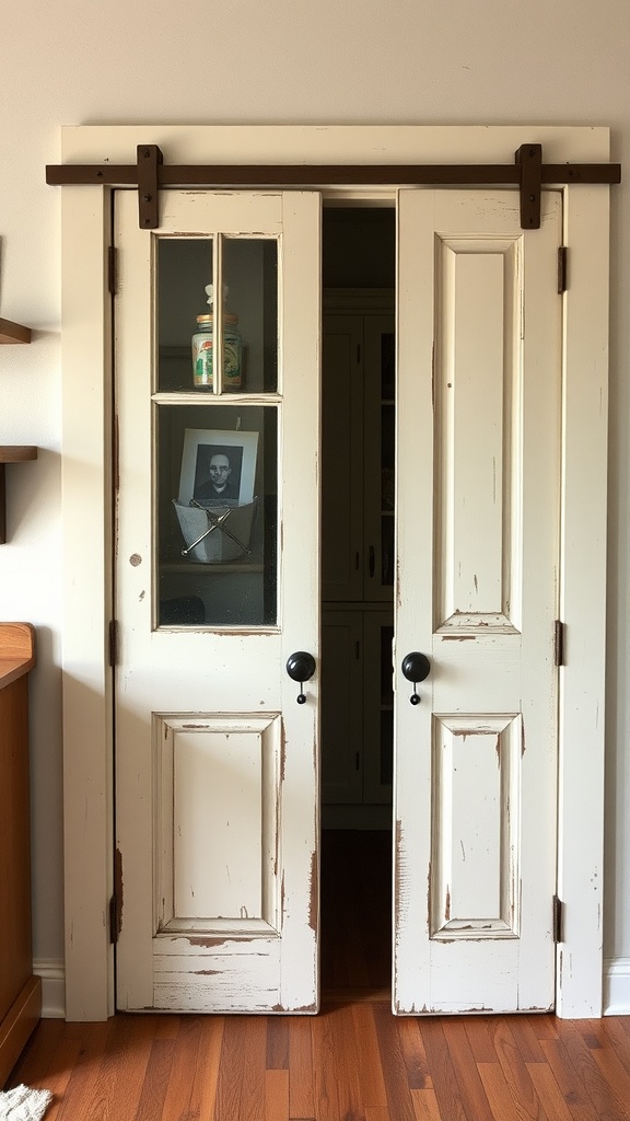 A vintage sliding pantry door with glass inserts, featuring a white distressed finish and wooden sliding mechanism.