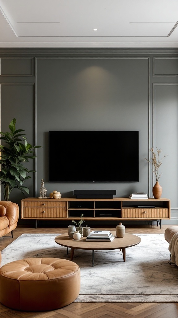 Modern luxury TV wall design with vintage style elements, featuring a wooden TV console and cozy seating.