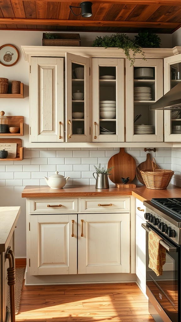 Vintage style pantry cabinets in a farmhouse kitchen featuring glass doors and wooden countertop.