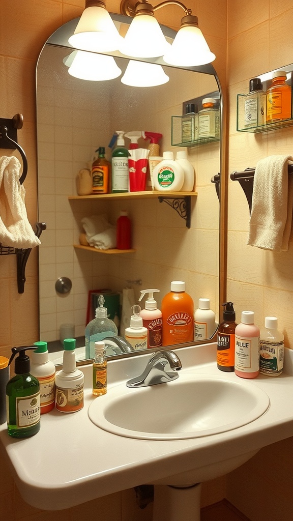 A variety of vintage toiletries displayed on a bathtub, showcasing 70s style packaging and colors.
