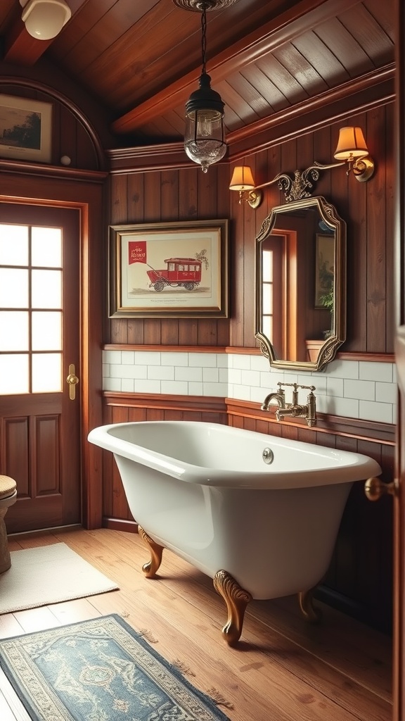 Vintage train carriage bathroom with wooden paneling, freestanding bathtub, and classic fixtures