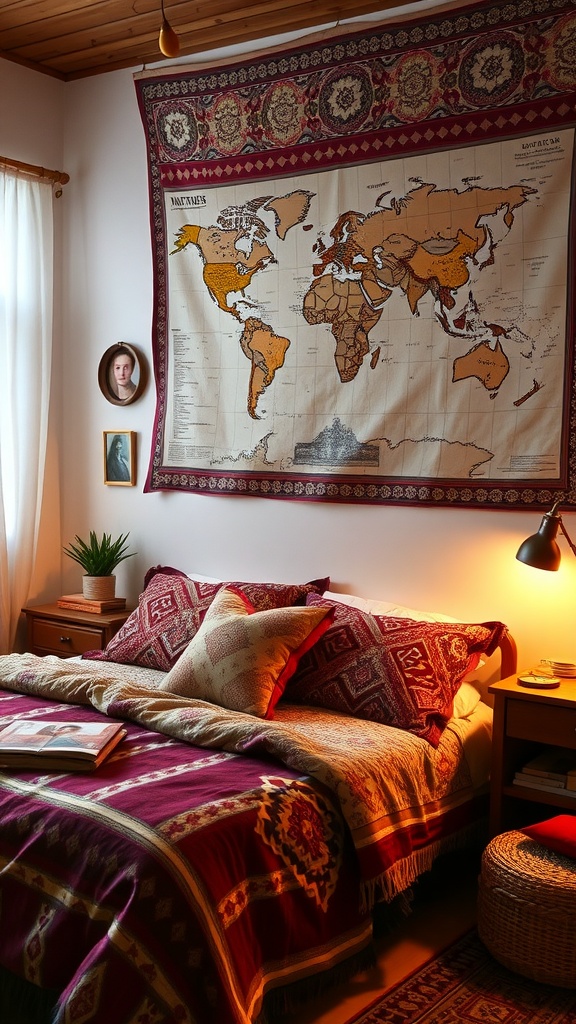 A cozy boho style bedroom with a world map tapestry, warm-toned bedspread, and personal touches.