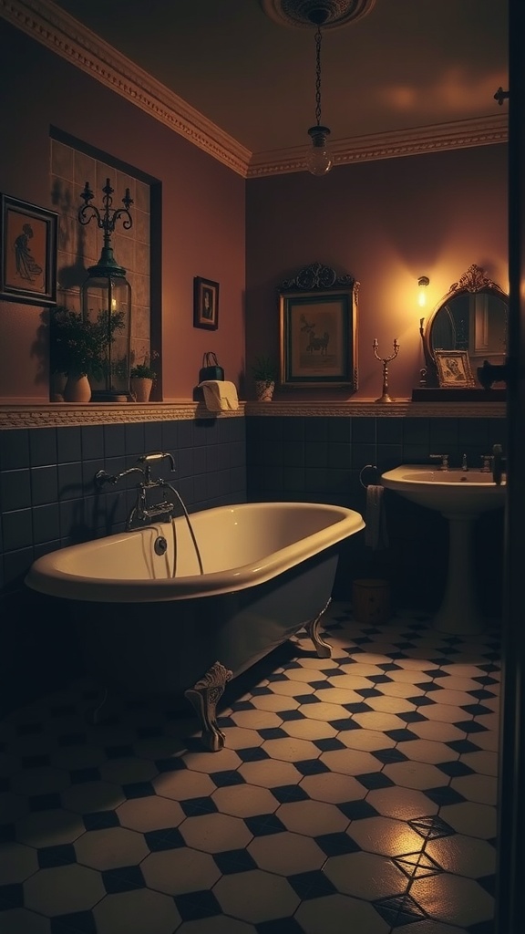 A vintage bathroom featuring a deep blue bathtub, patterned floor tiles, and warm lighting.