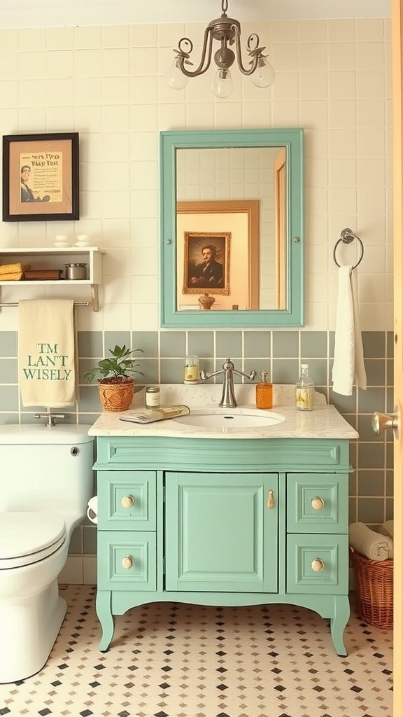 Vintage mint green vanity unit with a white sink and mirror in a 70s styled bathroom