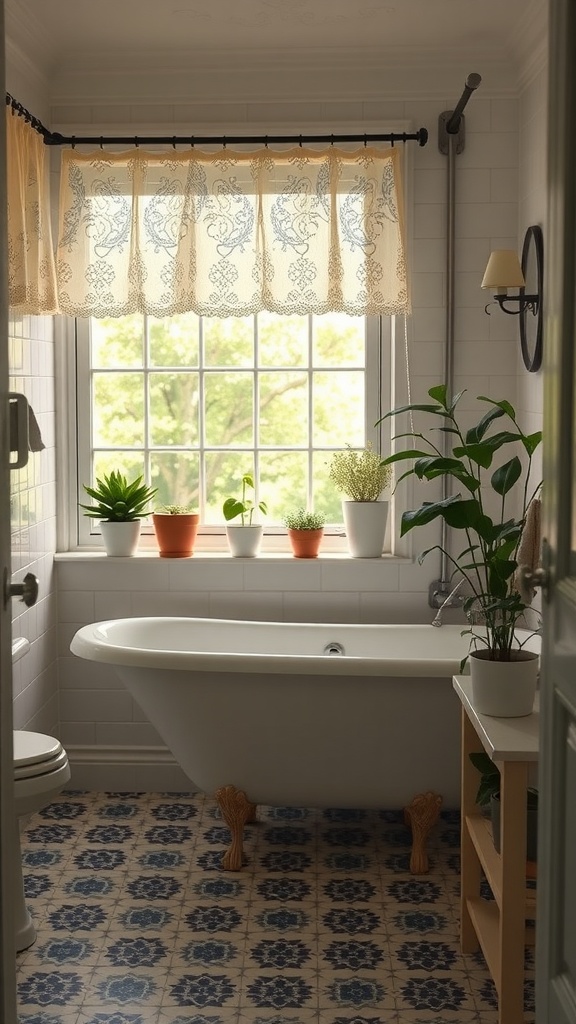 Vintage bathroom featuring a freestanding tub, lace curtains, and potted plants