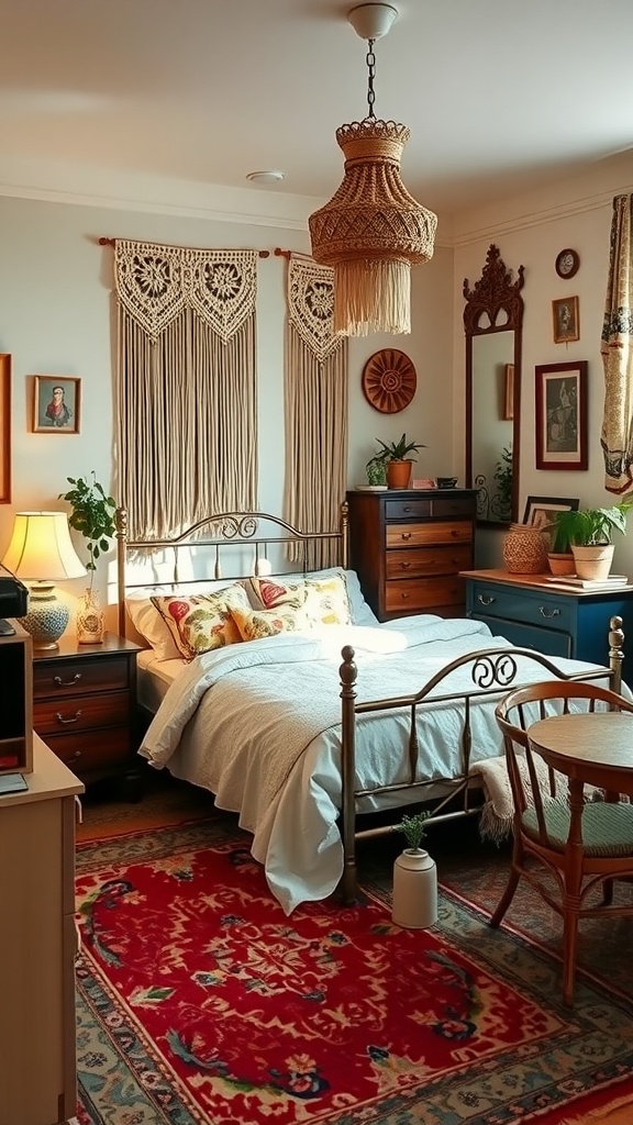 A cozy boho bedroom featuring vintage decor with a bed, wooden furniture, macramé wall hangings, a patterned rug, and plants.