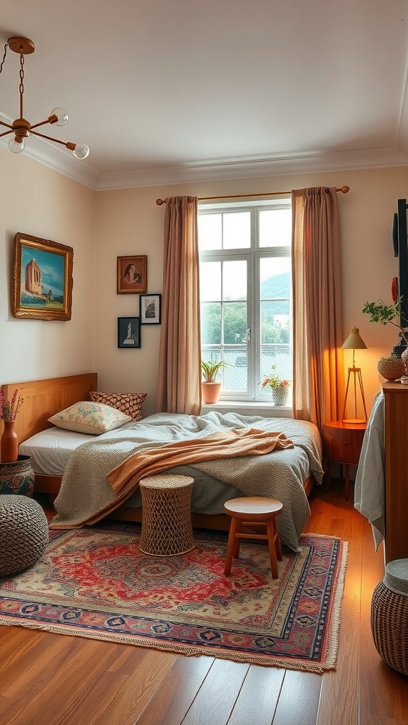 Cozy vintage-style bedroom with warm colors and boho decor.