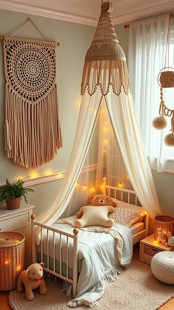 A cozy boho-style toddler bedroom featuring a light canopy, teddy bears, soft blankets, and macramé wall art.