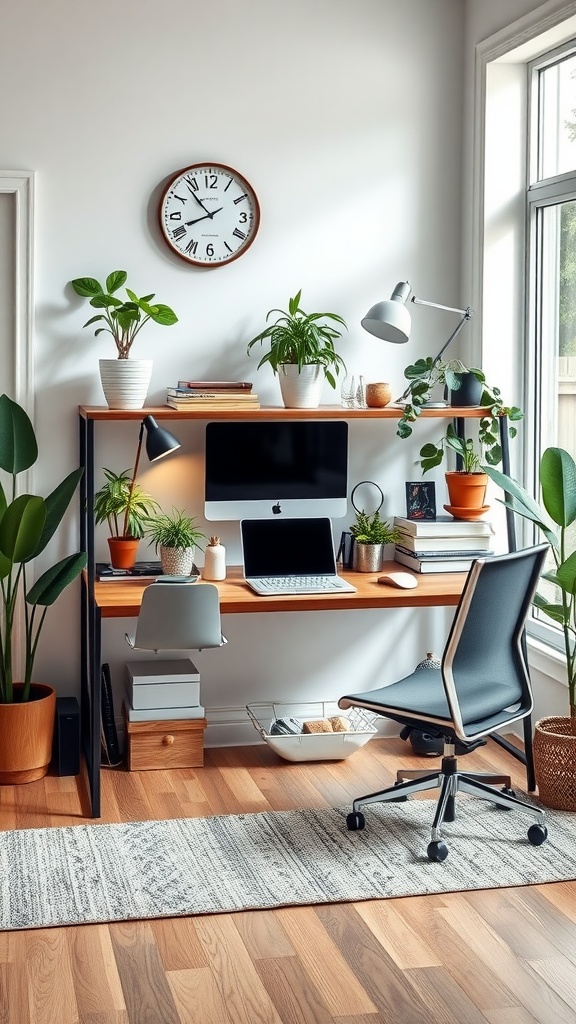 A multi-level desk with plants, a computer, and a clock in a bright home office setting.