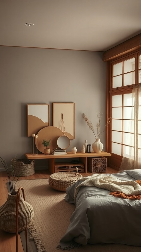 A cozy Japanese Boho bedroom with neutral tones, natural decor, and a serene atmosphere.