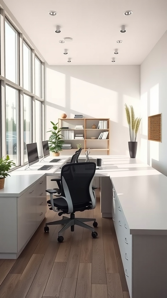 A modern home office with a wall-length counter workspace, featuring large windows and plants.