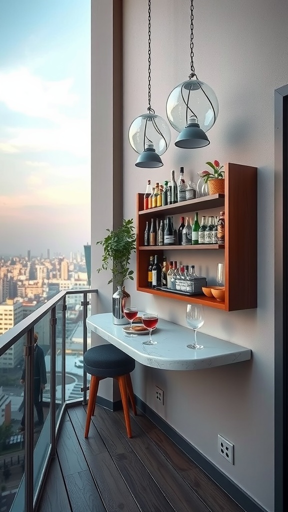 Stylish wall-mounted bar setup on a small balcony