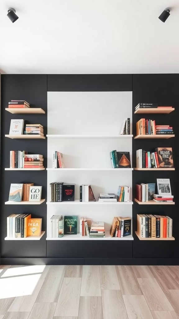 Modern wall-mounted book displays with a mix of books and decor in a stylish room