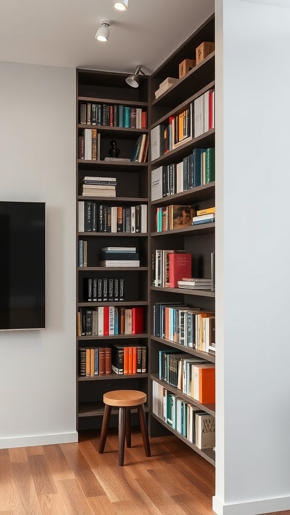 A modern wall-mounted bookshelf filled with various books and a small stool beneath it.