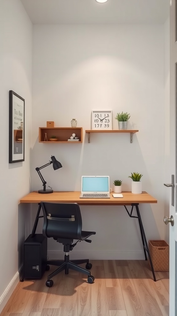 A small, modern wall-mounted desk in a corner, featuring a laptop, lamp, and decorative plants.