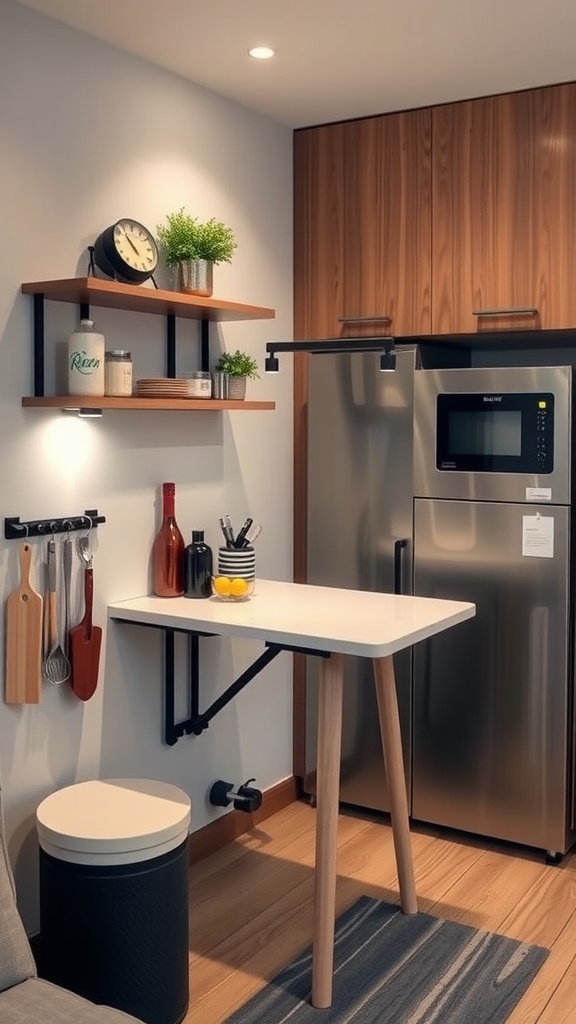 A small kitchen featuring a wall-mounted fold-down table with wooden shelves and modern appliances.
