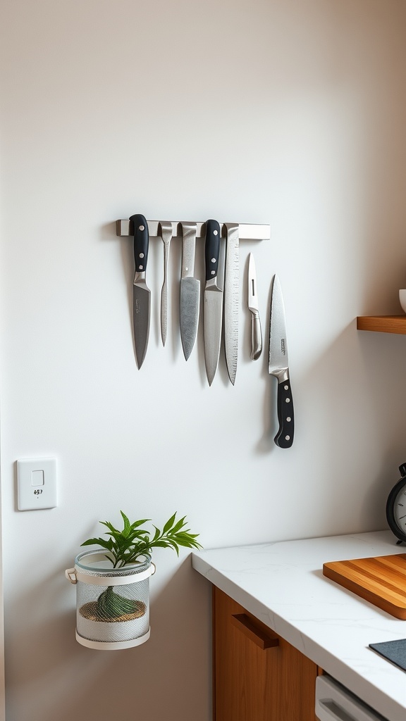 Wall-mounted magnetic knife strip displaying several kitchen knives.